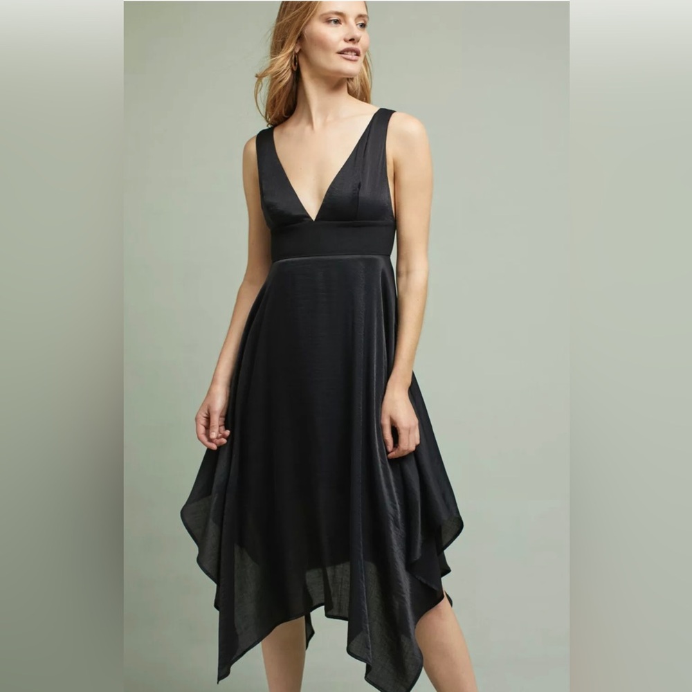 Moulinette Soeurs at Anthropologie black satin Whitney v-neck dress size 12
